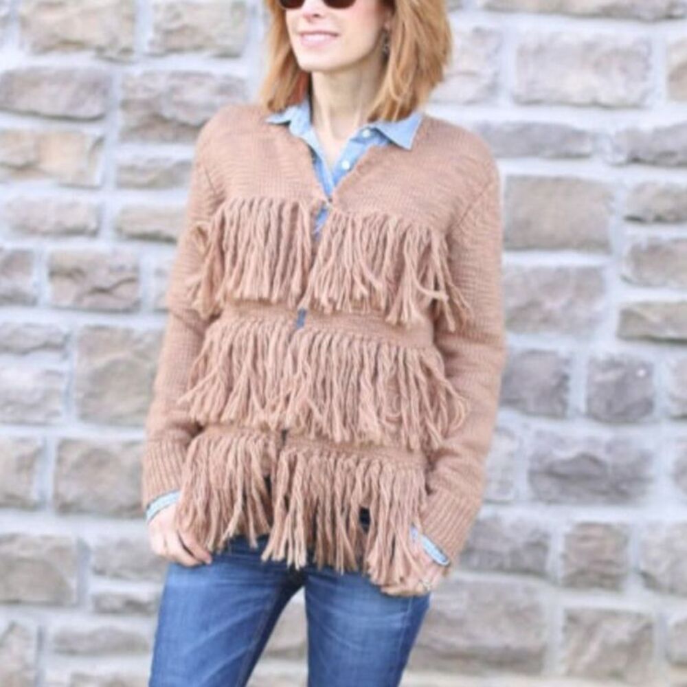 Trina Turk Wool Fringe Cardigan Jacket Boho Western Brown Tan Knit Sweater S